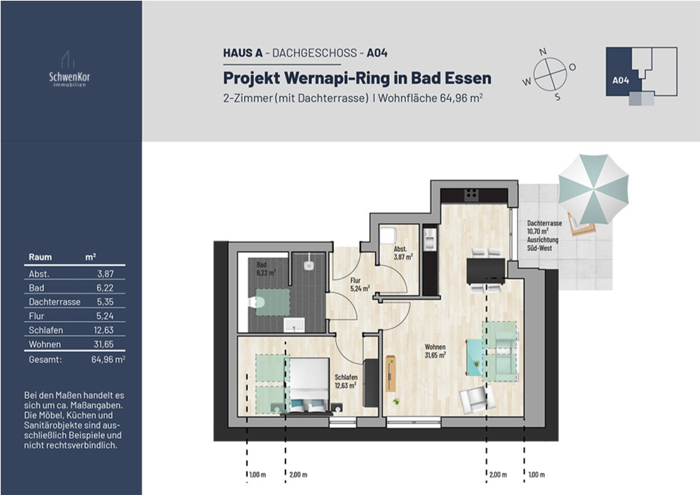 Grundriss Haus A - Dachgeschoss A04 (2-Zimmer, 64,96 m²)